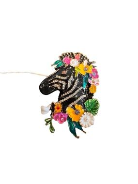 Zebra Head Floral Enamel Brooch - Black & Multicolor NWT
